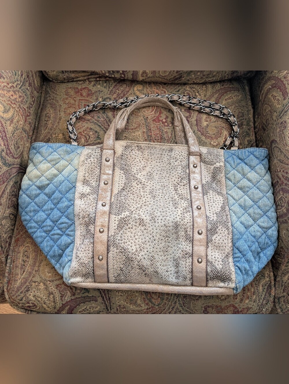 Mixed Media Tote ~ Leather & Denim - With Gun Metal Tone Hardware